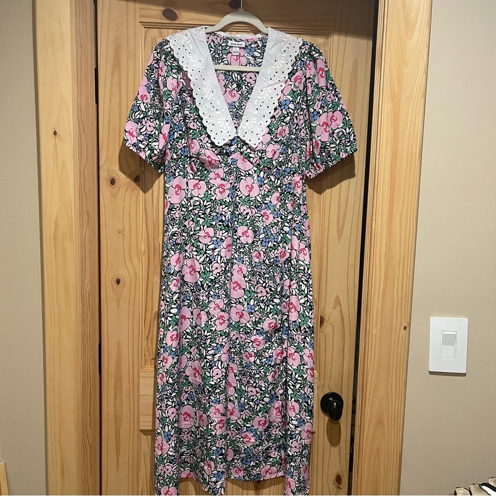 Neon Rose Pink Floral Collar Midi Dress